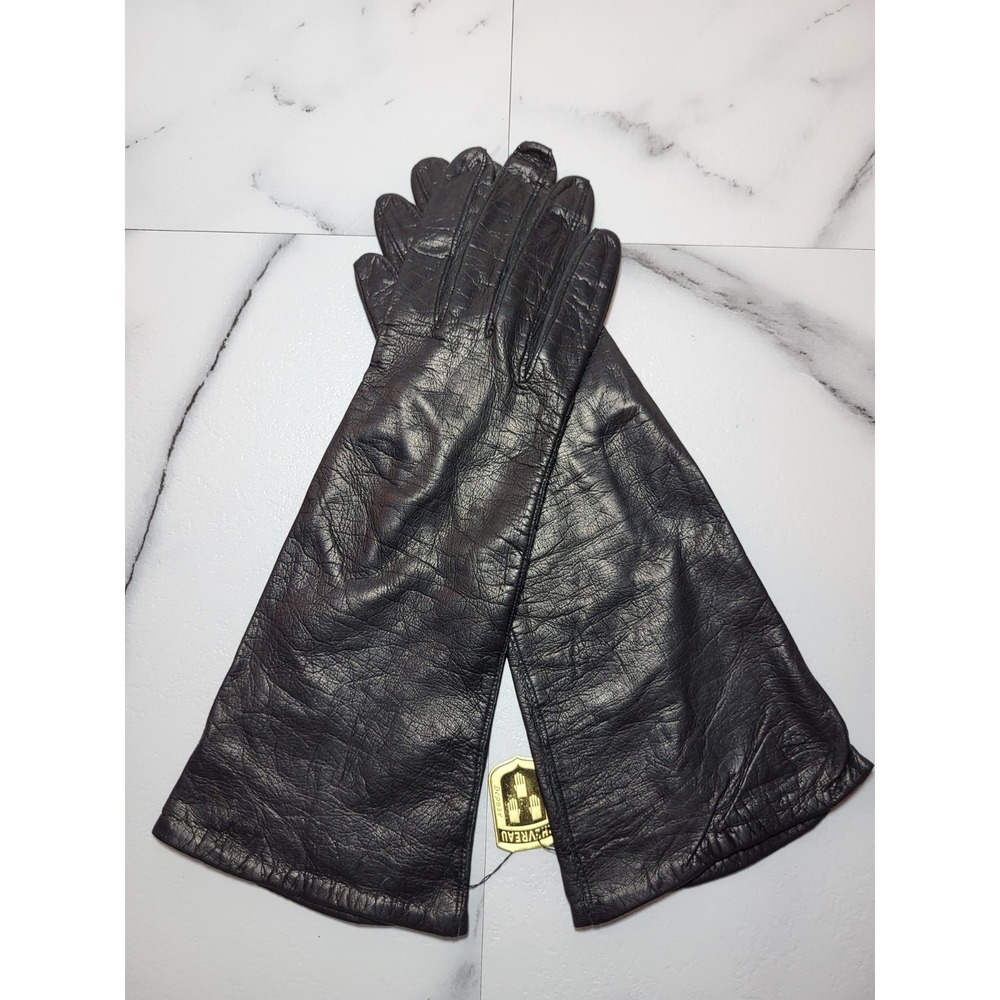 VTG NWT Chevreau Grenoble Black Kid Leather Gloves Silk Lined Mid Arm France 7‎
